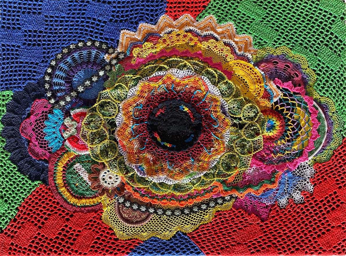 Zak Ové, The Giver, 2022, Fabric doilies, 91 x 121 cm